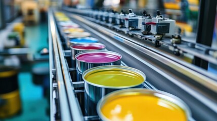 Wall Mural - Paint filling line with metal cans gliding along, nozzles dispensing exact quantities of color, lids sealed automatically