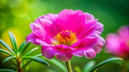 Wall Mural - Close-Up of a Beautiful Pink Portulaca Flower Captured in the Rule of Thirds, Highlighting Its Delicate Petals and Vibrant Colors Against a Soft Green Background