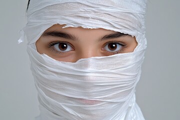 Poster - A conceptual image of a woman with her face artistically covered by tissue, creating a mysterious and avant-garde aesthetic with soft lighting and a neutral background