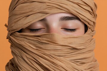 Poster - A conceptual image of a woman with her face artistically covered by tissue, creating a mysterious and avant-garde aesthetic with soft lighting and a neutral background