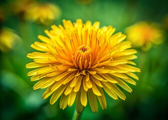 Wall Mural - Close-Up of a Bright Yellow Dandelion Flower with High Depth of Field, Showcasing Its Petals and Details in a Lush Green Background for Nature Photography Enthusiasts