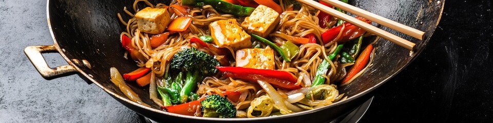Poster - wok filled with stir-fried vegetables tofu and noodles styled with chopsticks resting on side