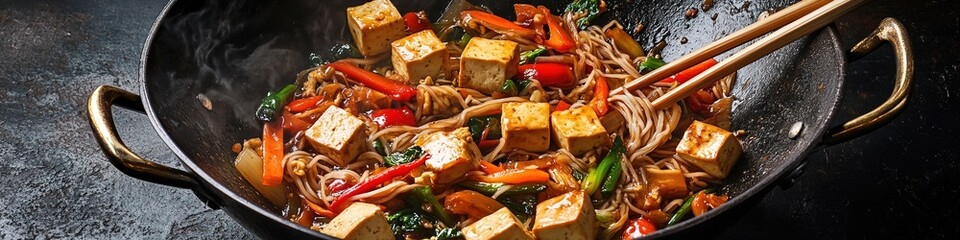 Poster - wok filled with stir-fried vegetables tofu and noodles styled with chopsticks resting on side