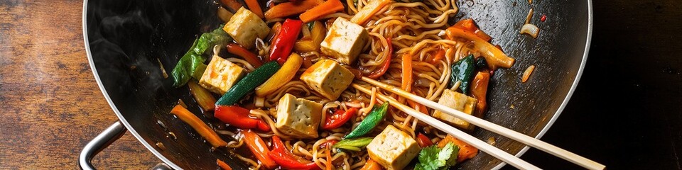 Poster - wok filled with stir-fried vegetables tofu and noodles styled with chopsticks resting on side