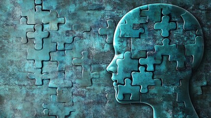 Poster - Puzzle pieces forming human head depicting mental health and psychology