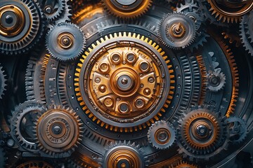 Wall Mural - intricate clockwork mechanism with gold and silver gears, showcasing industrial complexity and preci