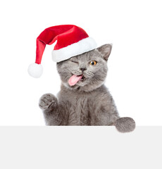 Aufkleber - Winking happy cat with tongue out wearing red christmas hat looks above blank white board. Empty space for text. isolated on white background