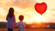 © thanakrit - Children Holding Hands at Sunset with Heart-Shaped Balloon in Beautiful Landscape