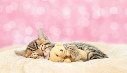 Poster - Tiny bengal kitten sleeps and hugs favorite toy bear on a bed at home on festive pink blurred background. Empty space for text