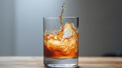 cup coffee beans wooden  minimal. A glass of brown liquid splashes as ice cubes create ripples, showcasing refreshing drink aesthetics in a minimalist setting.