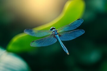 Poster - A dynamic photo of a dragonfly in a rainforest, surrounded by lush greenery and filtered light breaking through the canopy