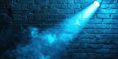 Wall Mural - blue brick wall with a blue light shining on it