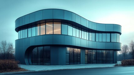Aufkleber - This modern structure showcases a sleek, curvilinear steel facade that elegantly interacts with the dusk light, emphasizing innovative design