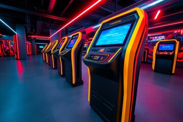 Poster - A futuristic movie rental kiosk, with a DVD player and holographic screens showing previews of available titles