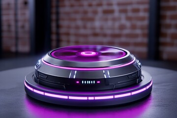 Poster - A futuristic, holographic DVD player with a transparent disc spinning inside, surrounded by neon lights and digital displays