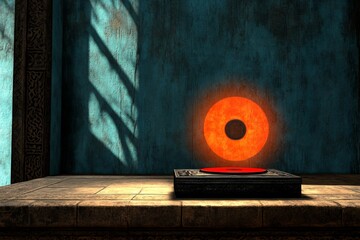 Aufkleber - A gothic depiction of a DVD player with dark, ornate details, ejecting a glowing red disc in a shadowy room