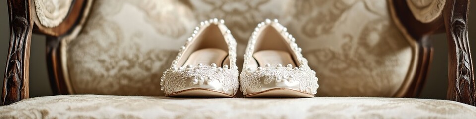 Poster - detailed view of pair of wedding shoes adorned with pearls and lace placed on vintage chair