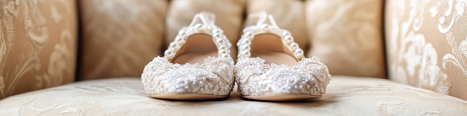 Poster - detailed view of pair of wedding shoes adorned with pearls and lace placed on vintage chair
