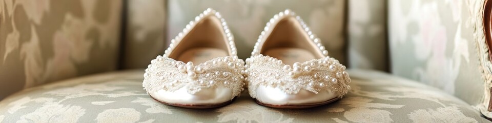 Poster - detailed view of pair of wedding shoes adorned with pearls and lace placed on vintage chair