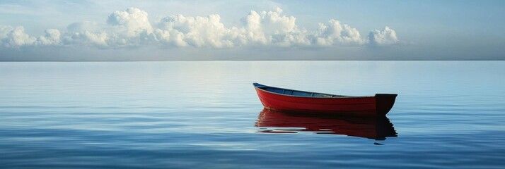 Poster - A solitary red boat drifts on smooth water under a blue sky with clouds, creating a peaceful atmosphere ideal for messages or quotes. Generative AI