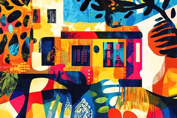 Poster - creative artistic rendering of housewarming party scene in bold vibrant colors
