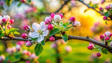 Wall Mural - Close-Up of Apple Tree Buds and Blossoms in Spring, Showcasing Nature's Renewal and Vibrant Colors with a High Depth of Field for Stunning Visual Impact