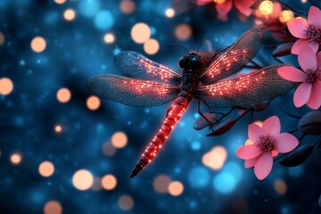 Poster - A magical depiction of a glowing dragonfly in an enchanted forest, with sparkling trails of light and mystical flowers surrounding it