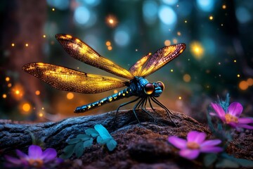 Poster - A magical depiction of a glowing dragonfly in an enchanted forest, with sparkling trails of light and mystical flowers surrounding it