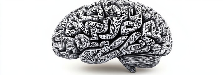 Fototapete - This artwork features a human brain uniquely constructed from various words and phrases, emphasizing creativity and intellectual depth. Generative AI
