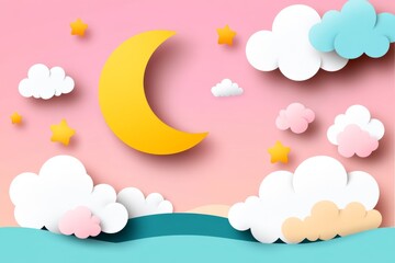 Aufkleber - A minimalist flat design of a crescent moon and stars, surrounded by soft pastel clouds symbolizing a dreamlike atmosphere