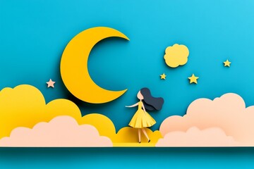 Aufkleber - A minimalist flat design of a crescent moon and stars, surrounded by soft pastel clouds symbolizing a dreamlike atmosphere