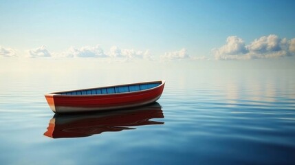 Poster - A lone boat floats peacefully on smooth water under a clear blue sky, providing a perfect blank canvas for your message or content. Generative AI