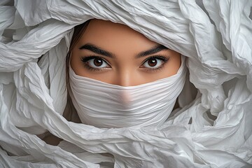 Poster - A moody portrait of a woman with her face wrapped in tissue, creating a conceptual look with soft, diffused lighting and an abstract visual theme