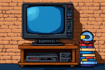Aufkleber - A pixel art depiction of a DVD player on a retro-style TV stand, with an animated disc spinning inside and a glowing display