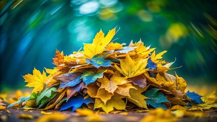 Wall Mural - Closeup of a Vibrant Pile of Yellow and Blue Leaves Against a Lush Green Background, Captured with Long Exposure for a Dreamy Effect in Nature's Palette