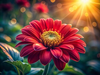 Wall Mural - Close-Up of a Vibrant Red Flower with Soft Sunlight Blurred Background, Featuring a Peaceful Copy Space for Text or Design Elements
