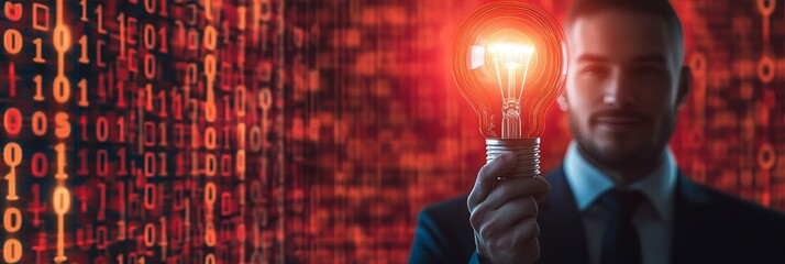 Poster - Businessman Holding Lit Light Bulb Over Binary Code Background. Innovation, Technology Concept.