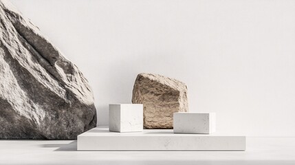Leinwandbilder - White stone podium displaying products with rocks and shadows