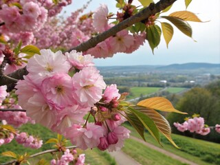 Wall Mural - Close-Up of Beautiful Blossoms on Japanese Cherry Tree, Showcasing Delicate Pink Petals and Lush Green Foliage in a Serene Spring Landscape for Nature Lovers