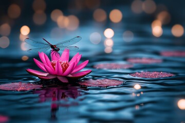 Poster - A whimsical 2D depiction of a dragonfly hovering above a pond, with colorful lily pads and light ripples on a white canvas