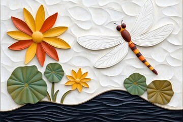 Poster - A whimsical 2D depiction of a dragonfly hovering above a pond, with colorful lily pads and light ripples on a white canvas