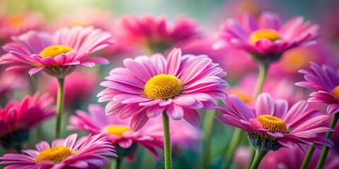 Wall Mural - Closeup of Delicate Pink Daisies in Tilt-Shift Photography with a Softly Blurred Background Creating an Ethereal Floral Aesthetic for Nature Lovers and Garden Enthusiasts