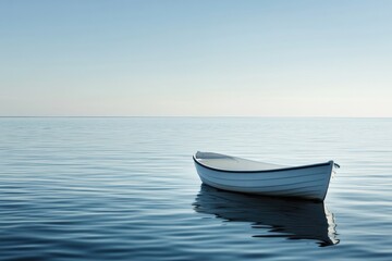 Poster - A single boat floats gently on still water, surrounded by a tranquil expanse and clear blue sky, providing ample blank space for text. Generative AI