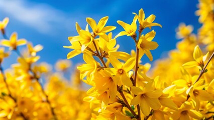 Wall Mural - Close-up of Forsythia Plant Blooming in Spring with Bright Yellow Flowers and Clear Blue Sky Background, Ideal for Nature and Seasonal Themes