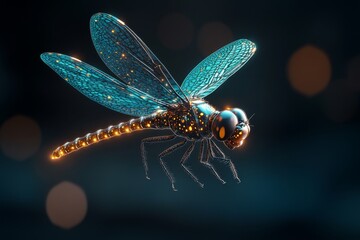Poster - A 3D illustration of a dragonfly mid-flight with dynamic, translucent wings refracting light in prismatic colors