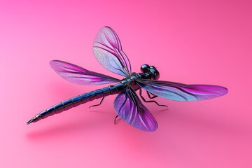 Poster - A 3D illustration of a dragonfly mid-flight with dynamic, translucent wings refracting light in prismatic colors