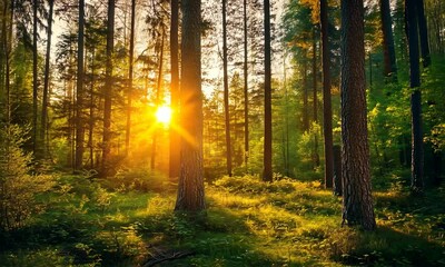 Wall Mural - sunlight filtering through trees in a serene forest.