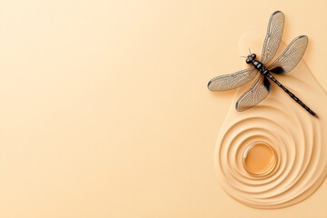 Poster - A clean design of a dragonfly resting on a small ripple of water, illustrated in soft tones and minimalist strokes