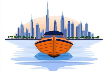 Poster - A clean vector design of a traditional dhow boat in Dubai Creek, surrounded by modern and traditional buildings on a white background