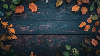 Aufkleber - Colorful autumn leaves frame on rustic wooden background creating copy space